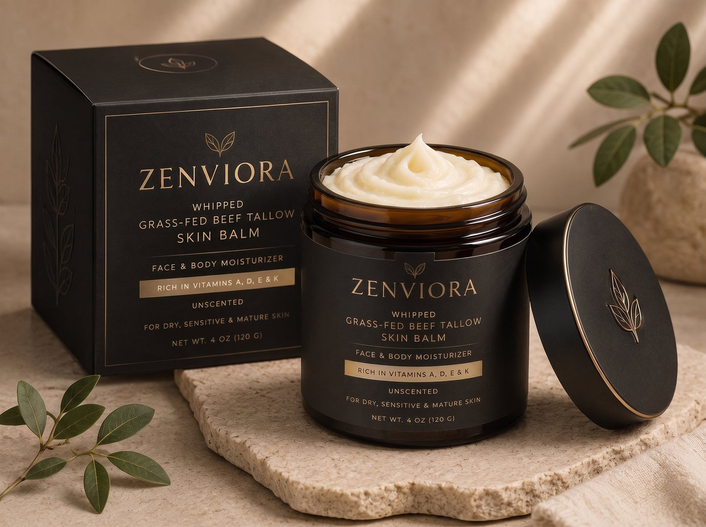 Zenviora Whipped Grass-Fed Beef Tallow Skin Balm | Face & Body Moisturizer | Unscented | Rich in Vitamins A, D, E & K | For Dry, Sensitive & Mature Skin