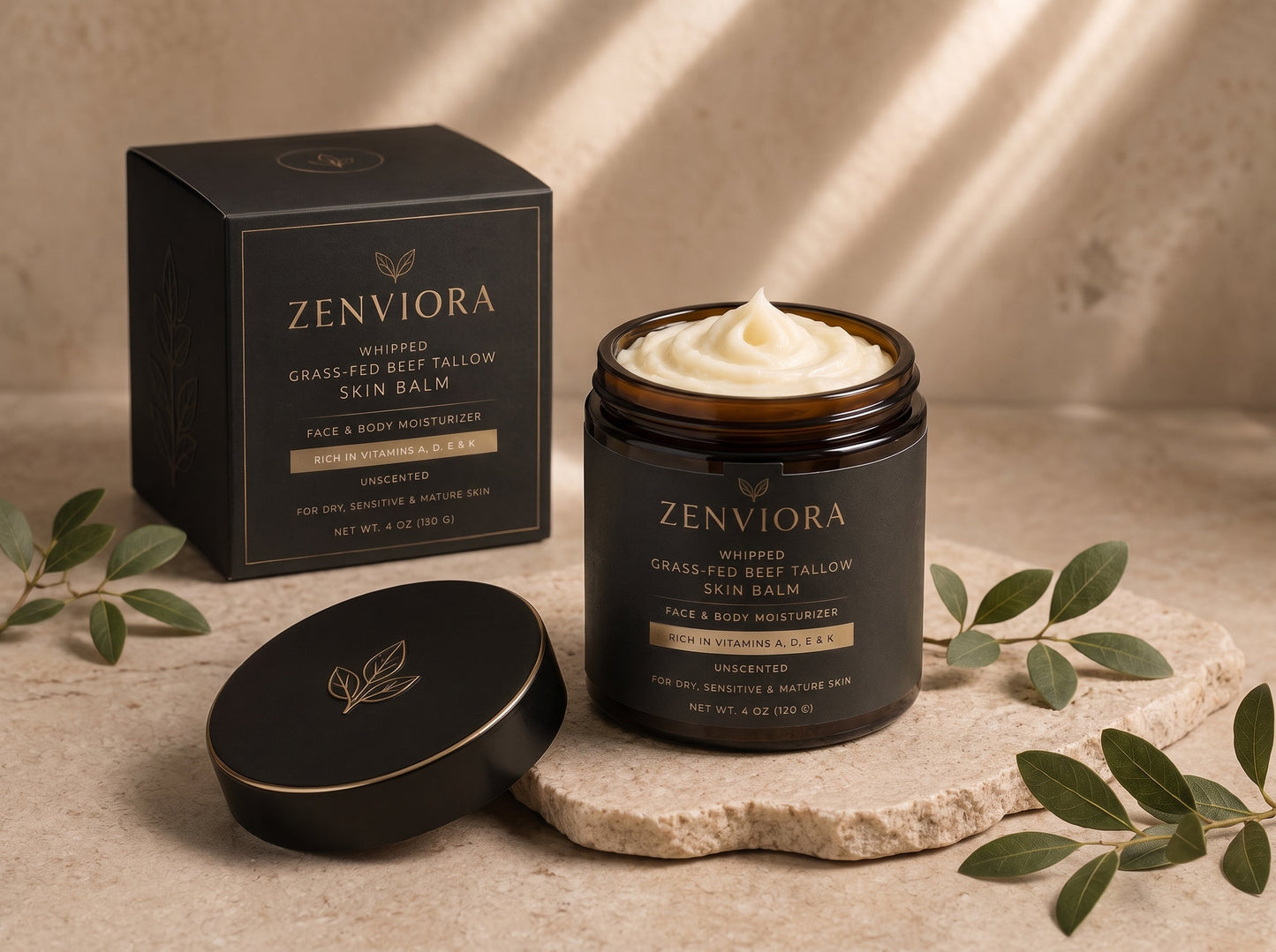 Zenviora Whipped Grass-Fed Beef Tallow Skin Balm | Face & Body Moisturizer | Unscented | Rich in Vitamins A, D, E & K | For Dry, Sensitive & Mature Skin