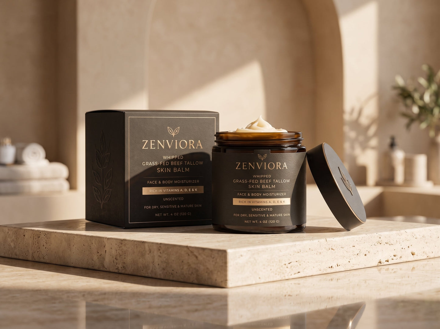 Zenviora Whipped Grass-Fed Beef Tallow Skin Balm | Face & Body Moisturizer | Unscented | Rich in Vitamins A, D, E & K | For Dry, Sensitive & Mature Skin