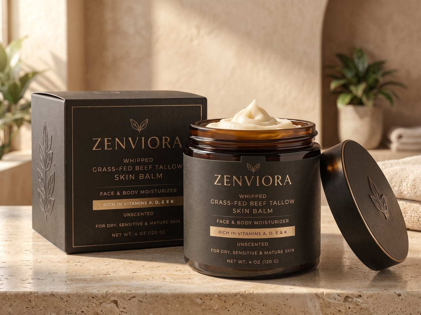 Zenviora Whipped Grass-Fed Beef Tallow Skin Balm | Face & Body Moisturizer | Unscented | Rich in Vitamins A, D, E & K | For Dry, Sensitive & Mature Skin