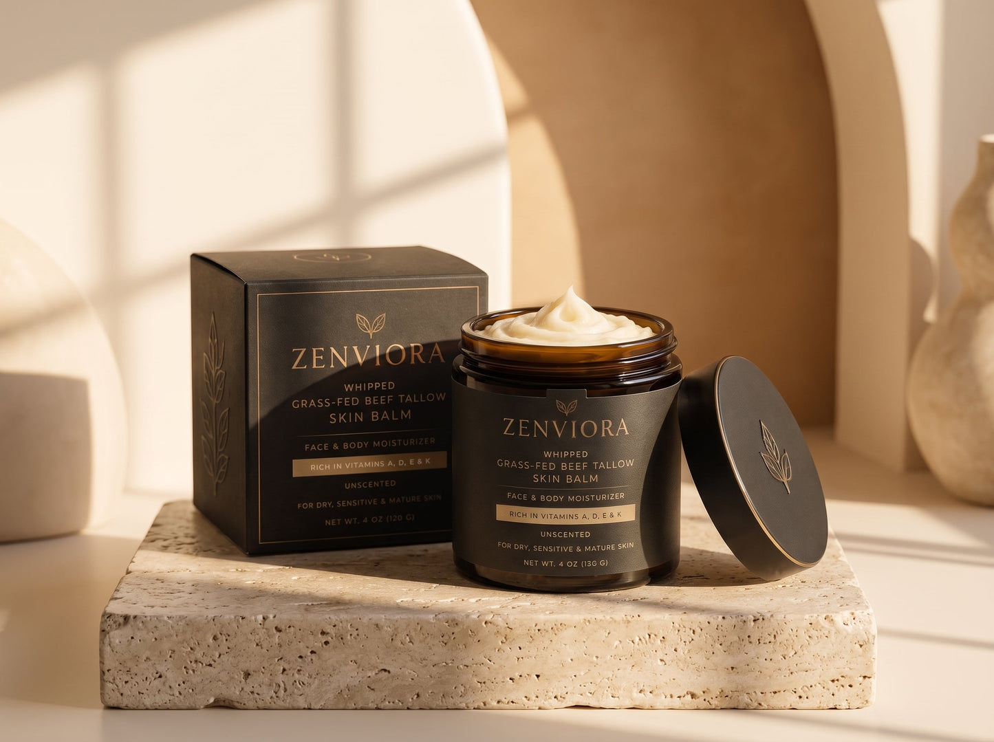 Zenviora Whipped Grass-Fed Beef Tallow Skin Balm | Face & Body Moisturizer | Unscented | Rich in Vitamins A, D, E & K | For Dry, Sensitive & Mature Skin
