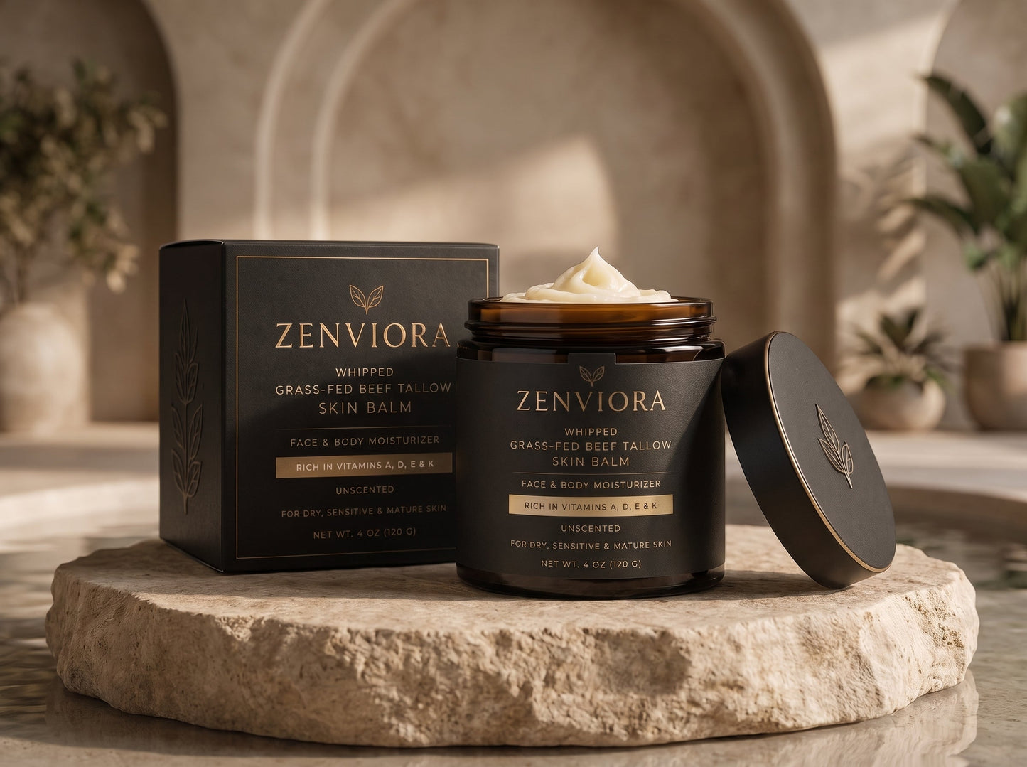 Zenviora Whipped Grass-Fed Beef Tallow Skin Balm | Face & Body Moisturizer | Unscented | Rich in Vitamins A, D, E & K | For Dry, Sensitive & Mature Skin