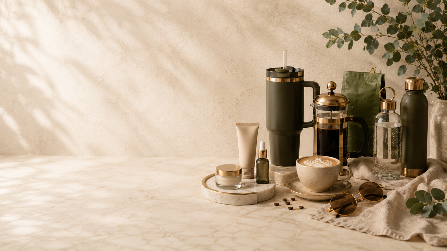 Brew Aura premium beauty coffee drinkware and lifestyle hero banner with right side products